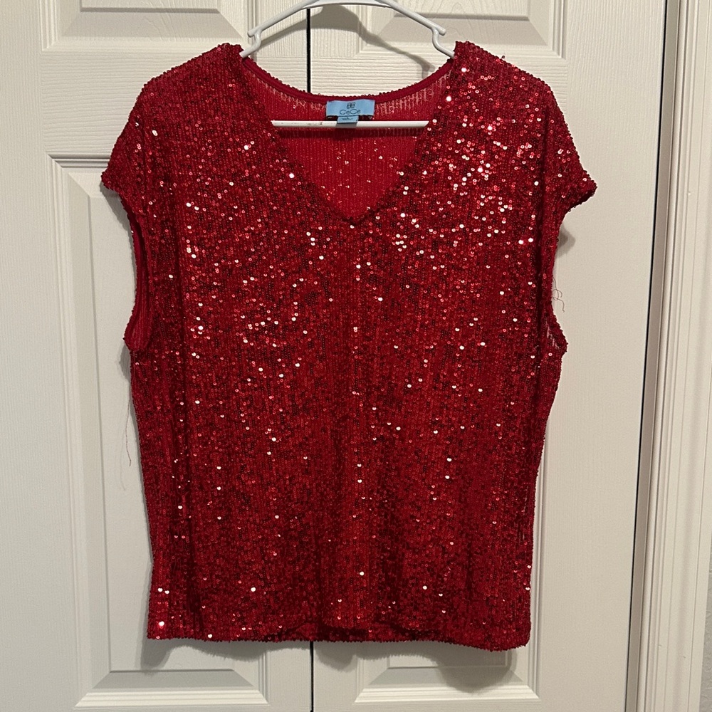 CeCe Sparkling Red Sequin Blouse